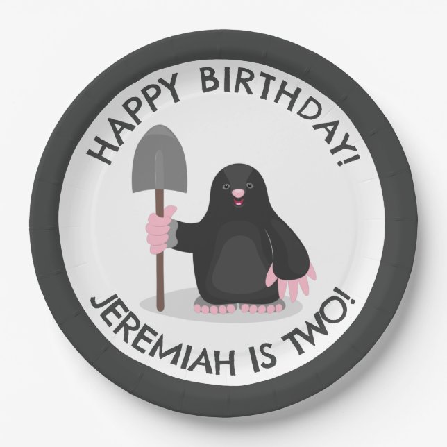 Cute happy mole personalized cartoon birthday paper plates (Front)