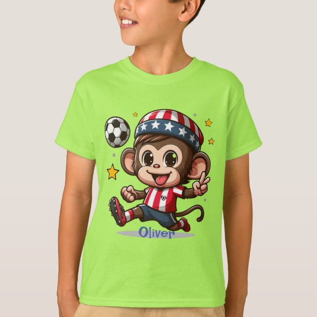 Cute Happy Monkey Soccer Player T-Shirt (Front)