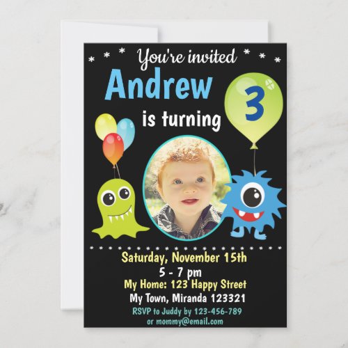 Cute happy monster birthday invitation