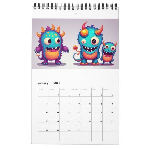 Cute happy monster calendar 2024