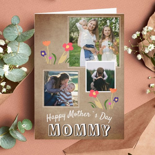 Cute Happy Mothers Day Flowers 3 Photo Card