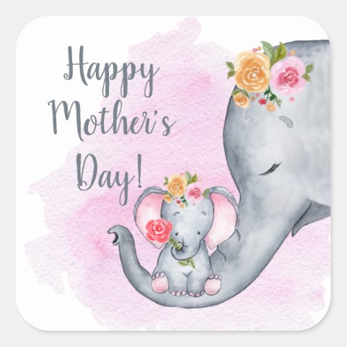 Cute Happy Mothers Day Elephant Square Sticker