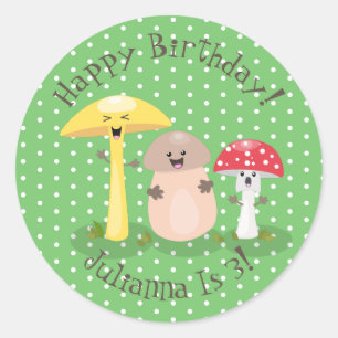 Cute happy mushroom fungi cartoon illustration classic round sticker