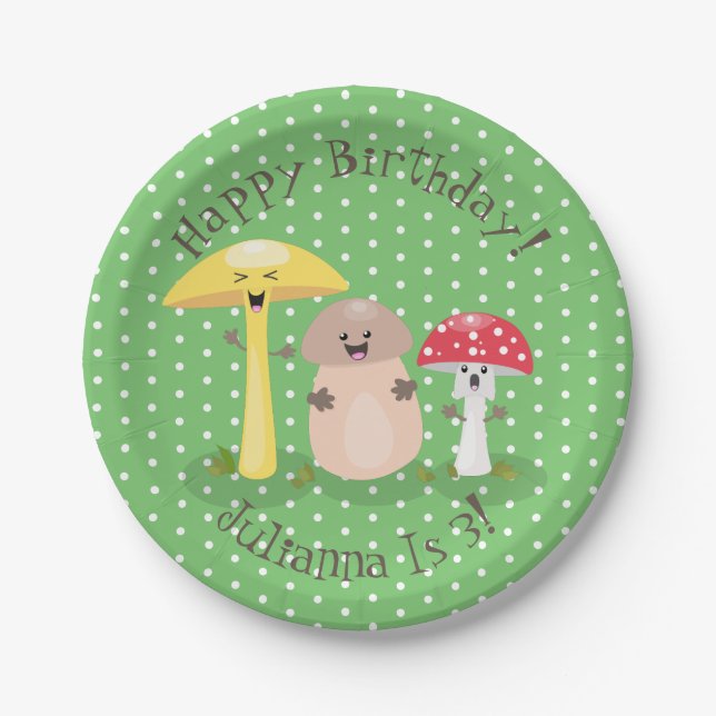 Cute happy mushroom fungi cartoon illustration paper plates (Front)
