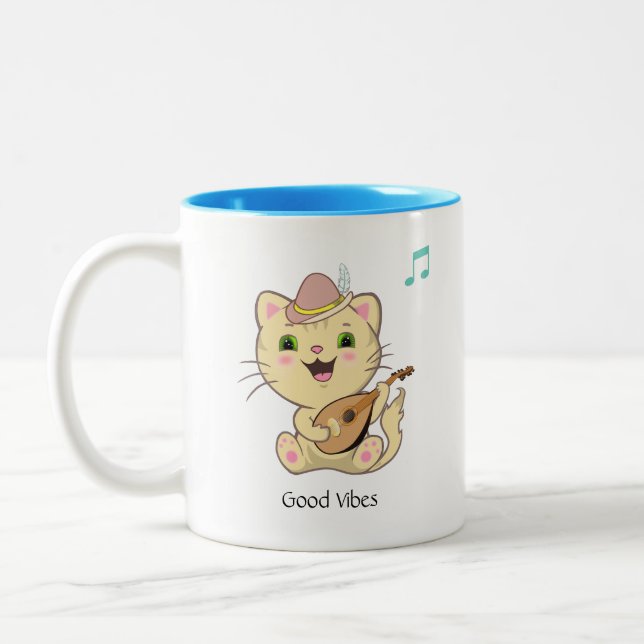 Cute Happy Musical Ginger Tabby Cat  Two-Tone Coff Two-Tone Coffee Mug (Left)