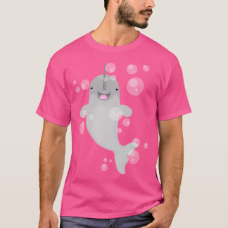 Cute Happy Narwal Bubbles Cartoon Illustration T-Shirt