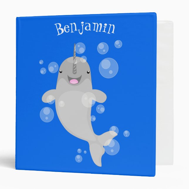Cute happy narwhal bubbles cartoon illustration 3 ring binder (Front/Inside)