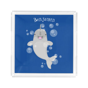 Cute happy narwhal bubbles cartoon illustration acrylic tray