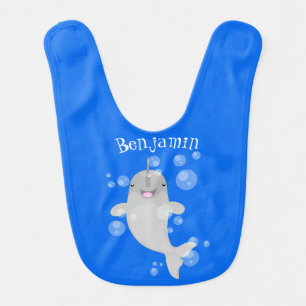 Cute happy narwhal bubbles cartoon illustration baby bib