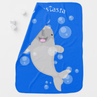 Cute happy narwhal bubbles cartoon illustration baby blanket