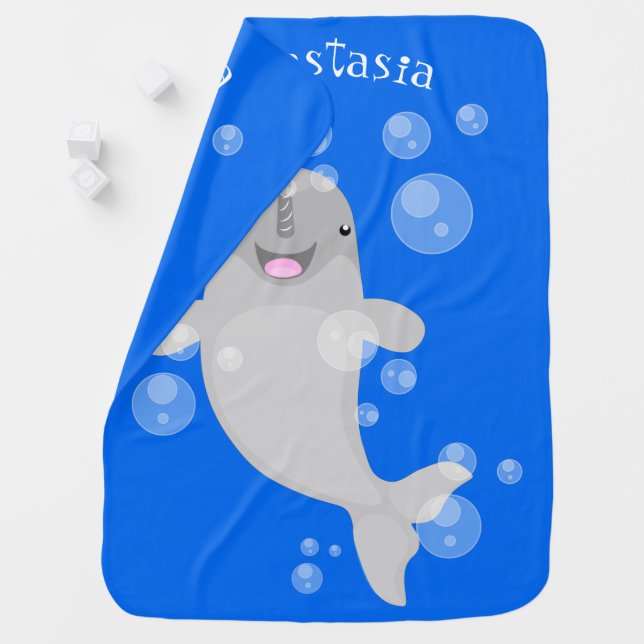 Cute happy narwhal bubbles cartoon illustration baby blanket (In Situ)