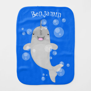 Cute happy narwhal bubbles cartoon illustration baby burp cloth