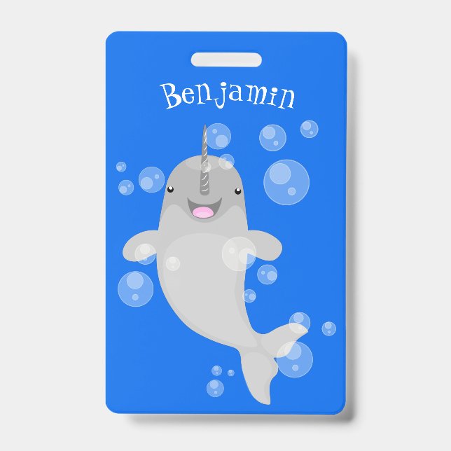 Cute happy narwhal bubbles cartoon illustration badge (Front)