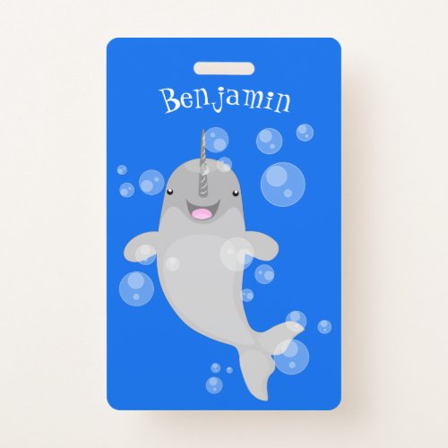 Cute happy narwhal bubbles cartoon illustration badge
