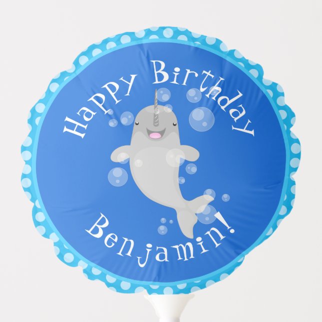 Cute happy narwhal bubbles cartoon illustration balloon (Front)