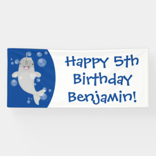 Cute happy narwhal bubbles cartoon illustration banner