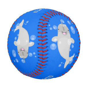 Cute happy narwhal bubbles cartoon illustration baseball