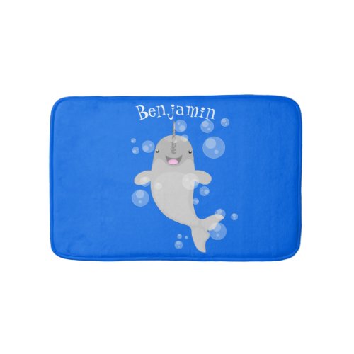 Cute happy narwhal bubbles cartoon illustration bath mat