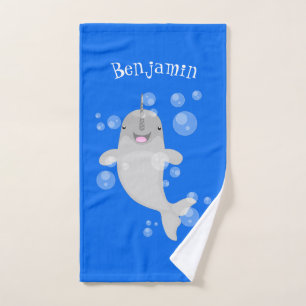 Cute happy narwhal bubbles cartoon illustration bath towel set
