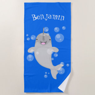 Cute happy narwhal bubbles cartoon illustration beach towel