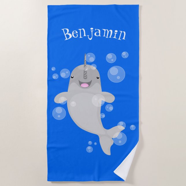 Cute happy narwhal bubbles cartoon illustration beach towel (Front)