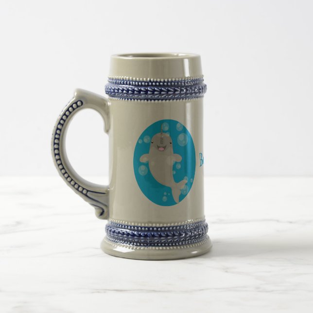 Cute happy narwhal bubbles cartoon illustration beer stein (Left)