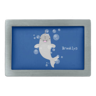 Cute happy narwhal bubbles cartoon illustration belt buckle
