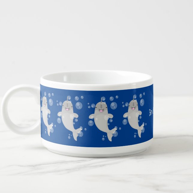 Cute happy narwhal bubbles cartoon illustration bowl (Right)