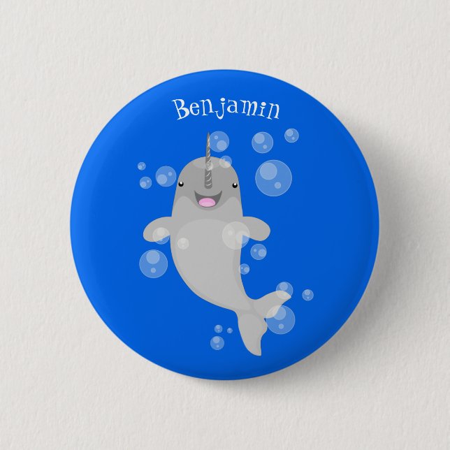 Cute happy narwhal bubbles cartoon illustration button (Front)