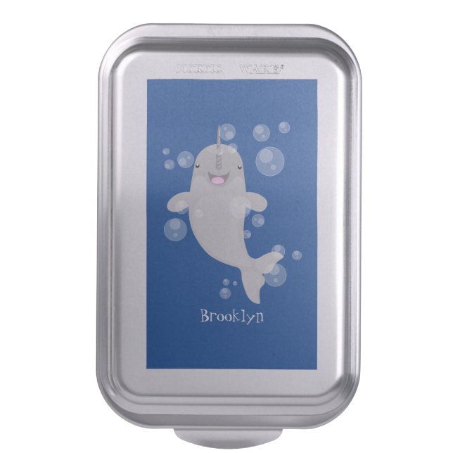 Cute happy narwhal bubbles cartoon illustration cake pan (Front Vertical)