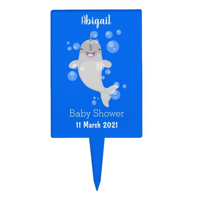 Cute happy narwhal bubbles cartoon illustration cake topper (Front)