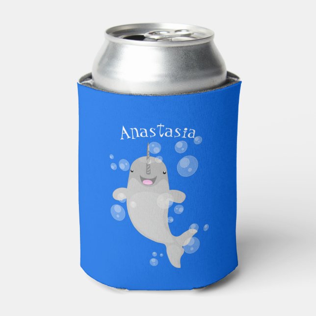 Cute happy narwhal bubbles cartoon illustration can cooler (Can Front)