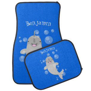 Cute happy narwhal bubbles cartoon illustration car floor mat