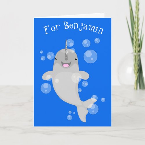 Cute happy narwhal bubbles cartoon illustration card