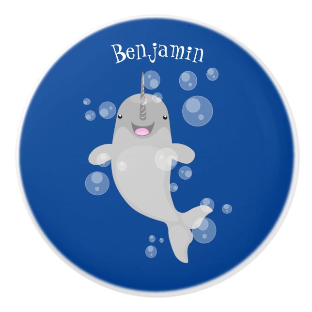 Cute happy narwhal bubbles cartoon illustration ceramic knob (Front)