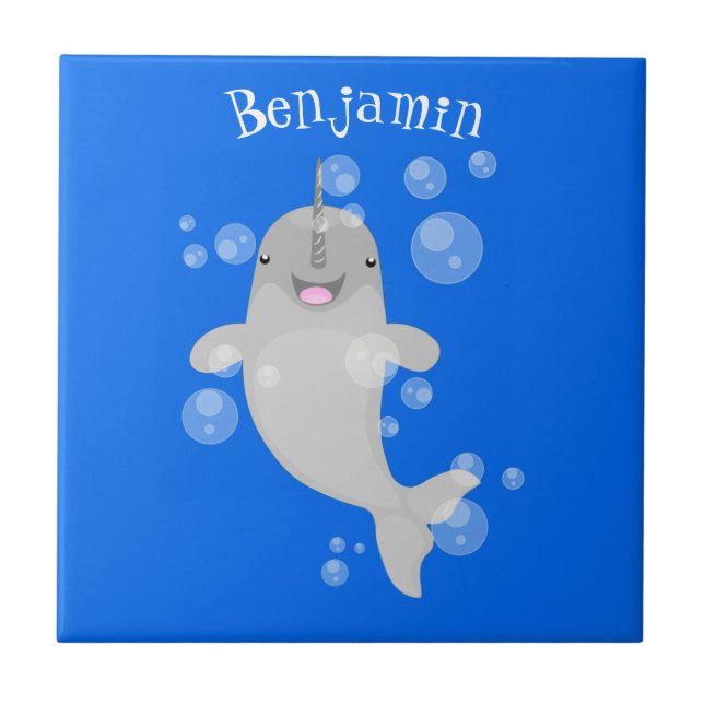 Cute happy narwhal bubbles cartoon illustration ceramic tile (Front)