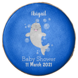 Cute happy narwhal bubbles cartoon illustration chocolate covered oreo
