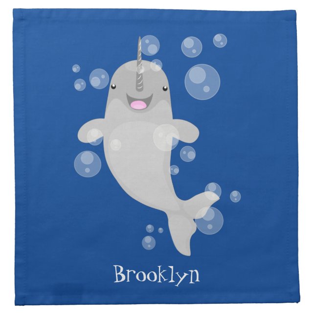 Cute happy narwhal bubbles cartoon illustration cloth napkin (Front)