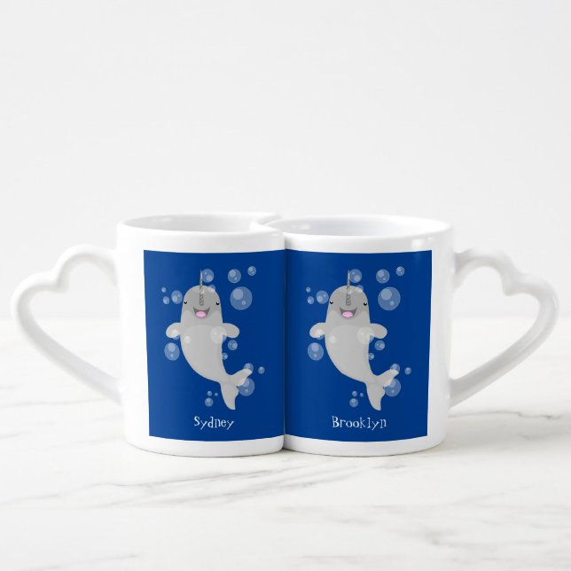 Cute happy narwhal bubbles cartoon illustration coffee mug set (Back Nesting)