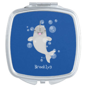 Cute happy narwhal bubbles cartoon illustration compact mirror
