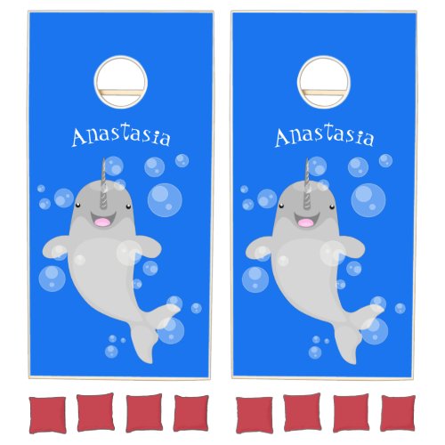 Cute happy narwhal bubbles cartoon illustration cornhole set