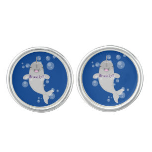 Cute happy narwhal bubbles cartoon illustration cufflinks