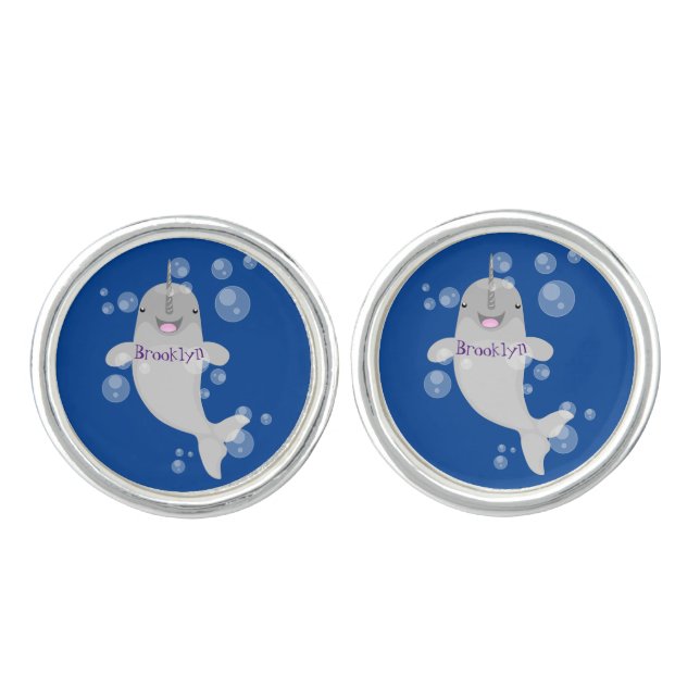 Cute happy narwhal bubbles cartoon illustration cufflinks (Front)