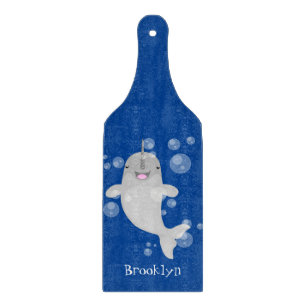 Cute happy narwhal bubbles cartoon illustration cutting board