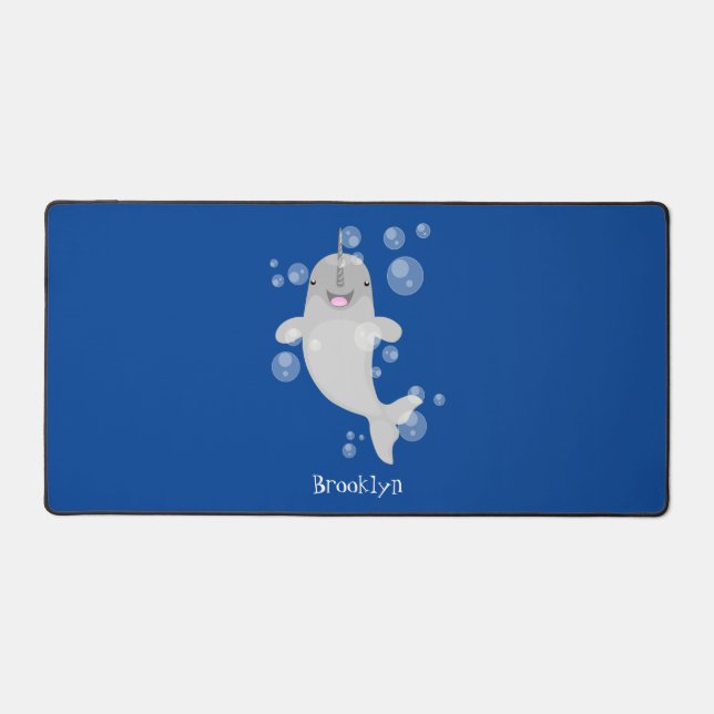 Cute happy narwhal bubbles cartoon illustration desk mat (Front)