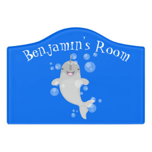 Cute happy narwhal bubbles cartoon illustration door sign