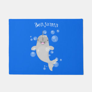 Cute happy narwhal bubbles cartoon illustration doormat