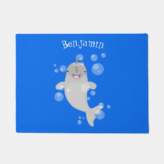 Cute happy narwhal bubbles cartoon illustration doormat (Front)