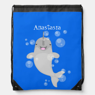 Cute happy narwhal bubbles cartoon illustration drawstring bag