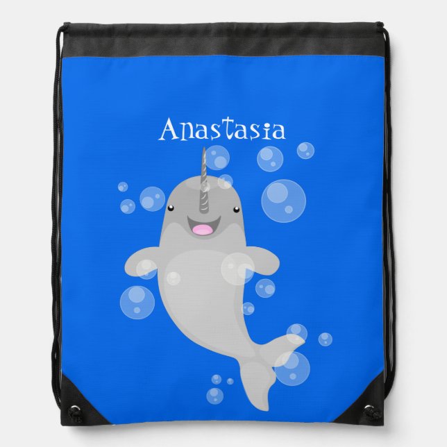 Cute happy narwhal bubbles cartoon illustration drawstring bag (Front)